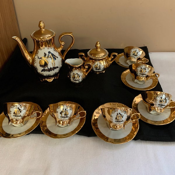 Vintage Bavarian Coffee Tea Set, German Courting Couple Set with 6 Demitasse Cups and Saucers, Gold, Black and White Porcelain China