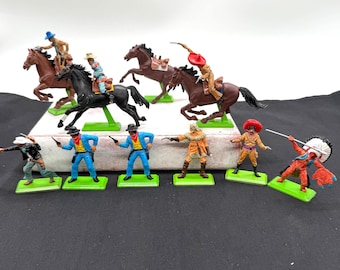 Vintage American West Toy Figures, Cowboys, Banditos, Native American Chief, Deetail Diorama History Supply, Pretend Play Gift