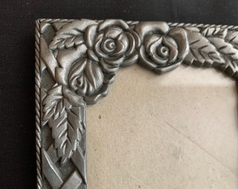 Vintage Rose Relief Picture Frame, Pewter Finish, Tabletop Decor
