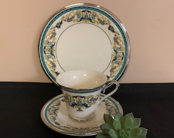 Vintage Teacup 3 Piece Set, Lenox Fair Lady Platinum Pattern, 8 in. Salad Plate, Scroll China for Tea Party or Shower, Gift for Mother