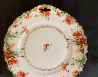 Plato de postre floral alemán vintage Malmaison con asas doradas