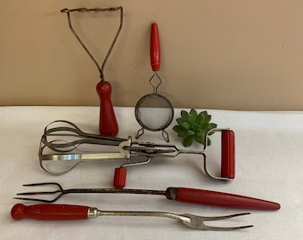 Kitchen Utensils Red Wood Handle Choice of Vintage Tools 