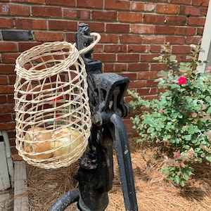 May include: A woven basket filled with onions hangs from a vintage black water pump. The basket is made of light-colored wicker and has a cylindrical shape. The pump is set against a red brick wall with a small rose bush.