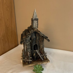 Rustic Church Bird House, Vintage Primitive Wood Cottage core Country Decor, Wood Bark Bird House with Porch,Indoor/Outdoor Decor, Gift