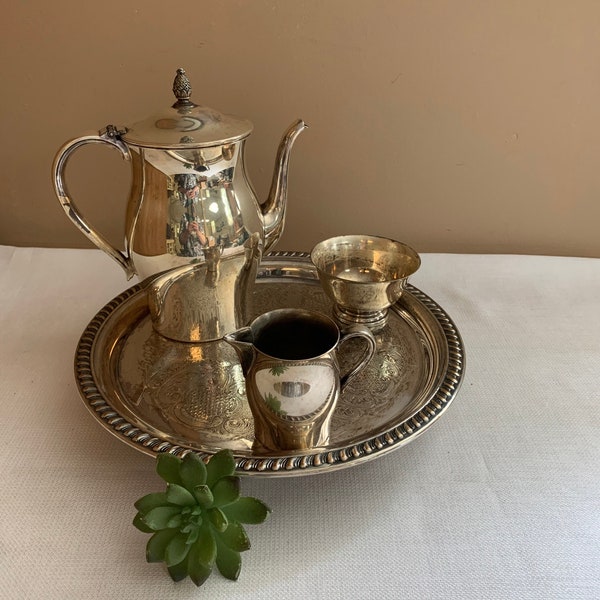 Silver Coffee Service, Vintage Paul Revere Reproduction Coffee Pot w Creamer, Sugar Bowl, Silver Tray, Coffee Decor, Rogers Wedding Decor