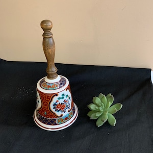 Large Ceramic Dinner Bell, Vintage Floral and Bird Bell, Decorative Japanese Bell with Wood Handle