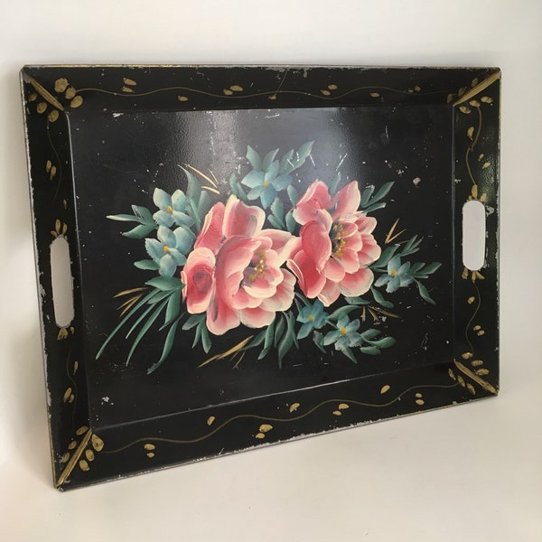 Hand Painted Tole Tray, Vintage Black Floral Tray, Large Rim Tray with Inset Handles, Mid Century Folk Art, Rusty Decor