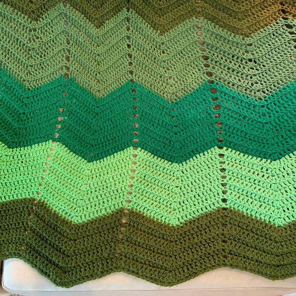 Vintage Crochet Afghan Blanket, Mid Century Green Multi color Chevron Pattern, Large Lightweight Zig Zag Coverlet, Retro Green Decor