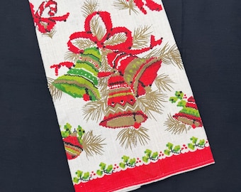 Christmas Linen Tea Towel, Vintage Bell Design, Cooks Gift Wrap