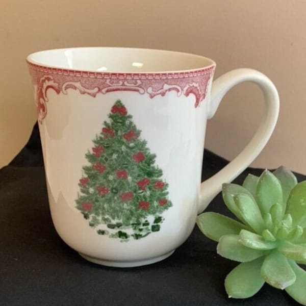 Christmas Tree Mug Vintage Johnson Brothers, Old Britain Castles Pink w Green Tree, Collectible Holiday China Cup, Cocoa or Tea Cup