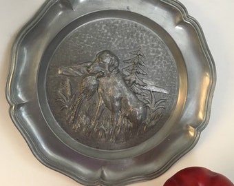 Pewter Wall Plate, Vintage Embossed Pewter Wall Decor with Outdoor Scenes, Hunting Cabin Decor, Home Staging Prop,Man Cave Decor,Hunter Gift