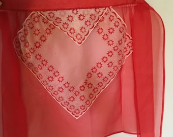 Sheer Fancy Christmas Apron,Vintage Red Organza half apron, Red Hostess apron,Sexy See Through Apron, Bachelorette Party Gift