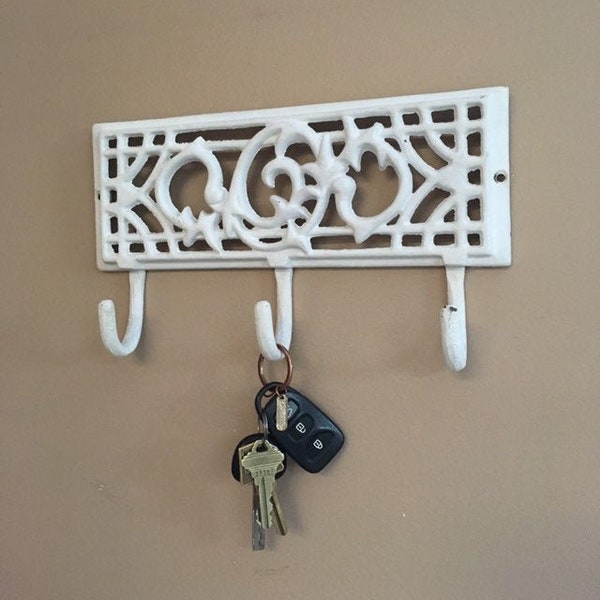 Vintage Cast Iron Wall Rack, Chippy White Scroll Metal Wall Hooks, Rustic Cabin or Lake House Gift, Wall Key Hanger, Hat Rack,Paintable Hook