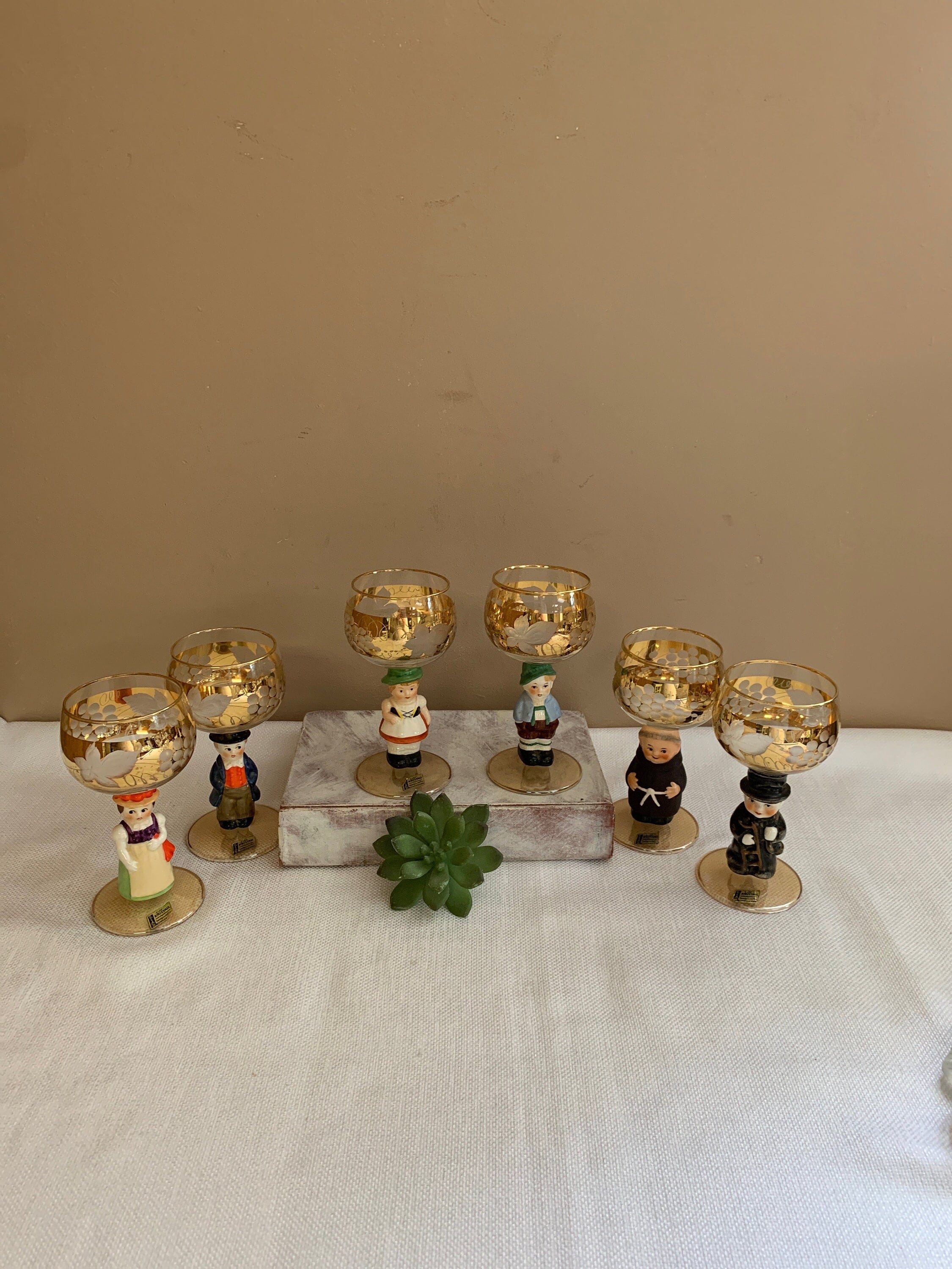 フンメル人形ワイングラス　全6点セット Vintage Hummel Goblet Set of 6, Goebel West German Etched