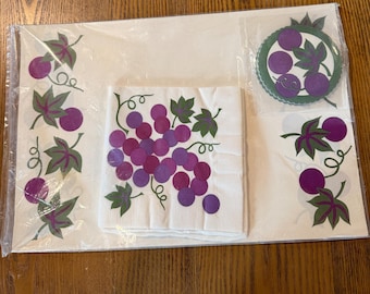 Vintage Paper Placemat Party Set for 12, NOS Napkins, Coasters, Retro Grape Motif, Gift for Hostess or Mother
