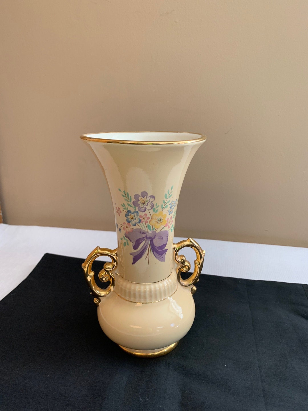 Art Deco Urn Vase, Gold Rim Abingdon Flower Decor, Hand Painted Retro