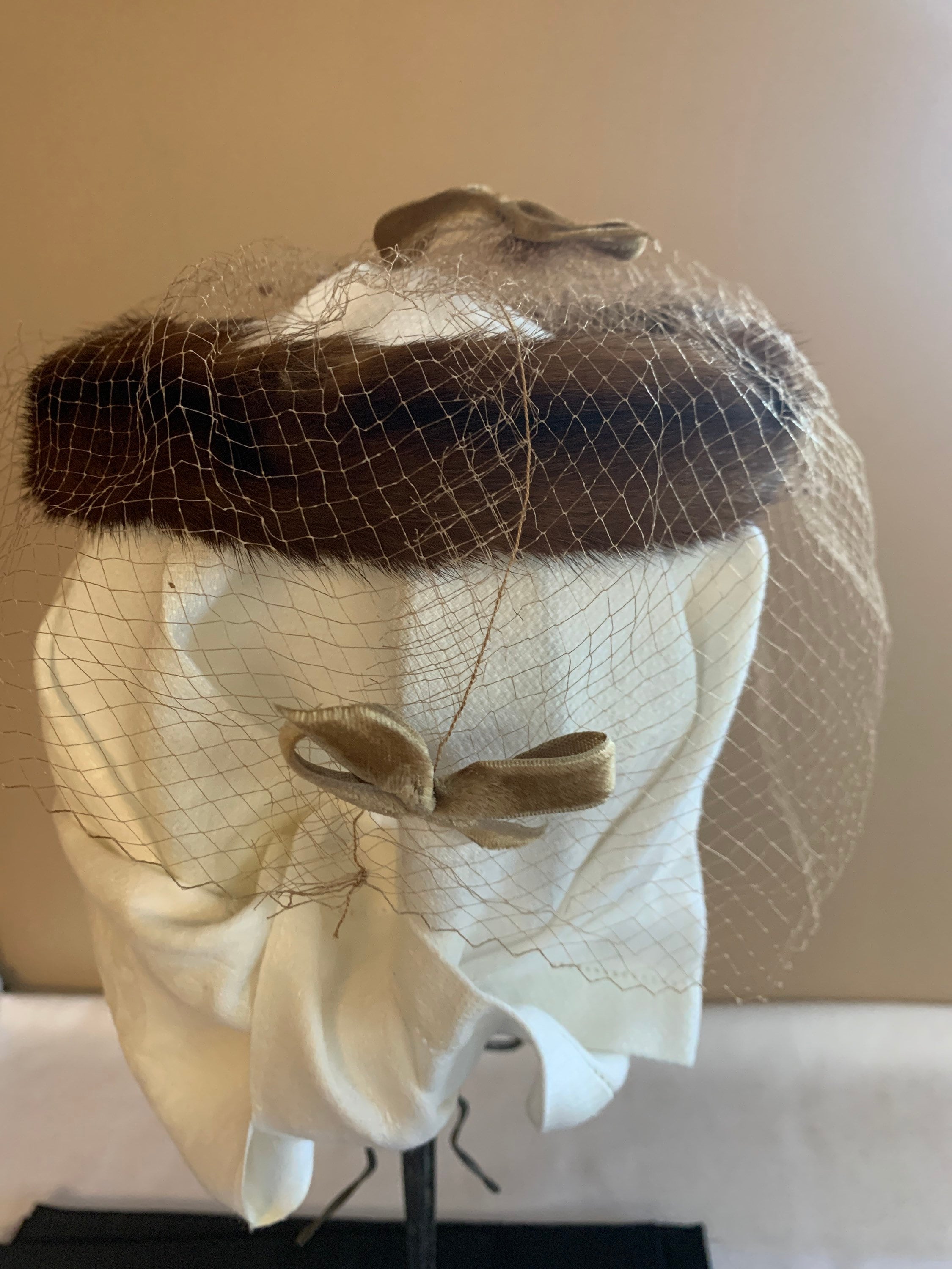 MCM Vintage Pastel Mink with Bow & Veil Fascinator Halo Hat Open Crown Mink Hat With Veil - Etsy main image 2
