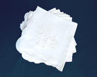 Vintage White Tulip Embroidered Cocktail Napkins, Set of 8