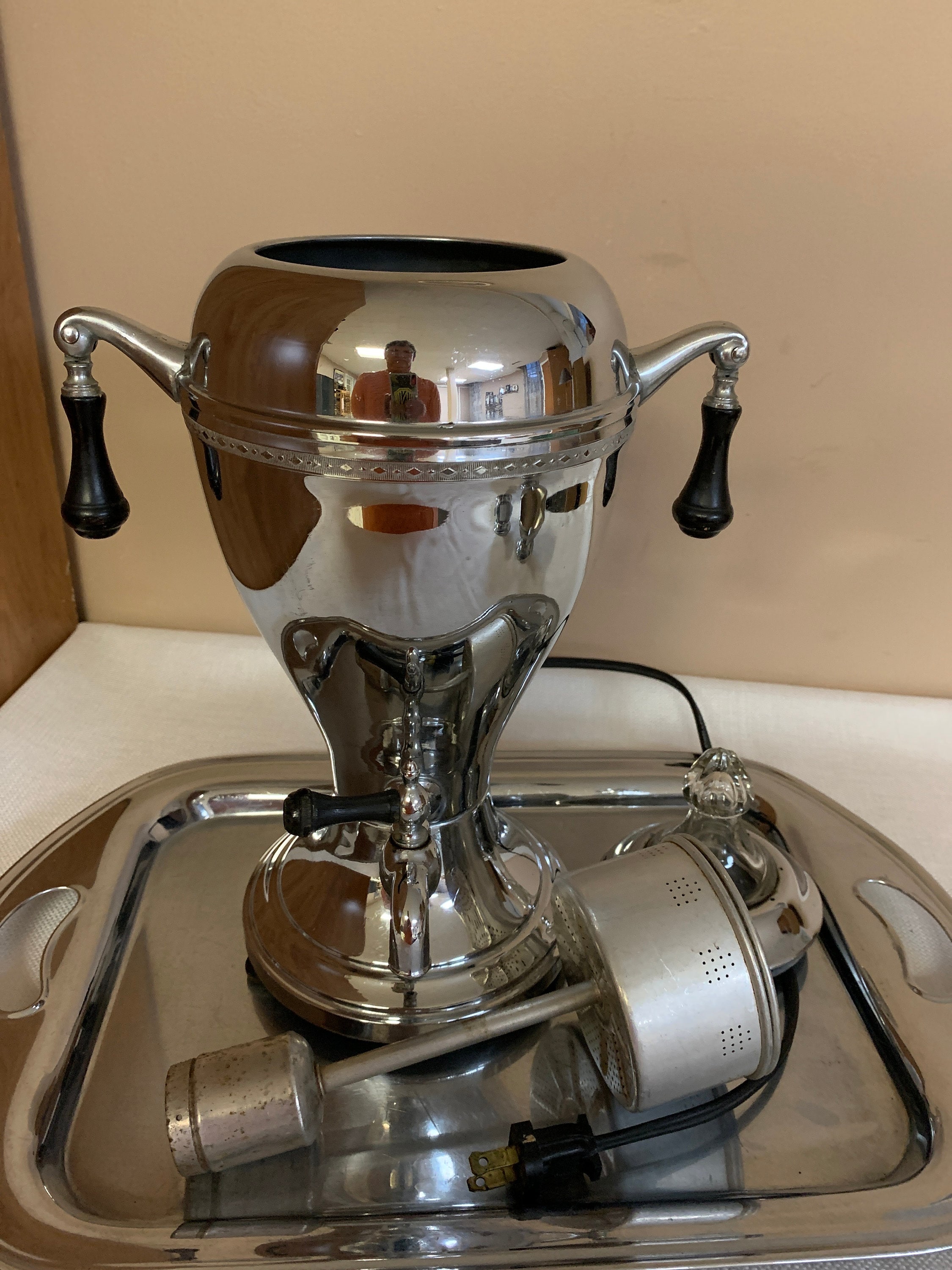 vintage Farberware deco chrome coffee set, electric percolator pot, cream &  sugar, serving tray
