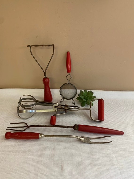 Vintage Red Handle Kitchen Tools, Androck Rotary Egg Beater, Potato Masher,  Strainer, Long Handle Fork, Farmhouse or Cabin Kitchen Decor 