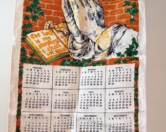 Vintage Praying Hands Linen Tea Towel, Christian 23rd Psalm 1973 Calendar,  Cooks Gift