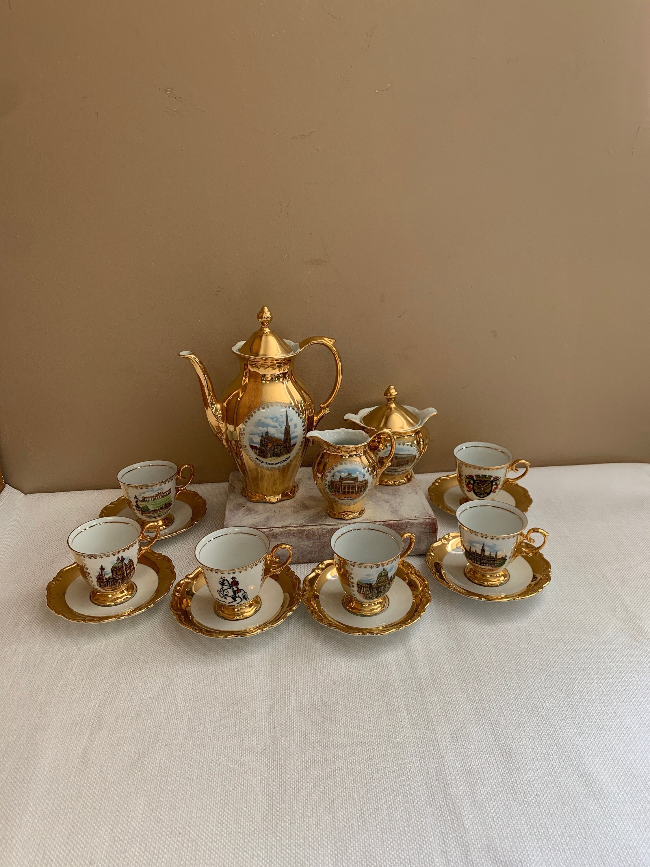 Wien Six and for Coffee Saucers, Etsy Tea 6, Porcelain With Vintage or - Bavarian Cups Demitasse Gold With Ceramic Vienna Pictures Set
