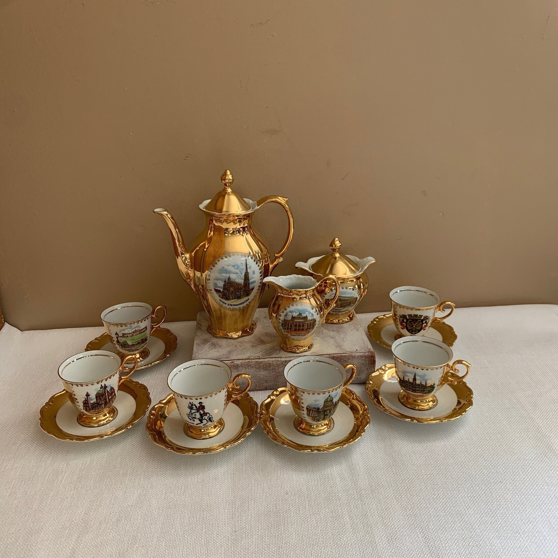Bavarian Ornate Coffee or Tea Set for 6, Vintage Wien Vienna