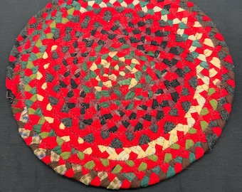 4 Vintage Chair Pads, Folk Art Braided Rug, Round Seat Covers, Colorful Country Decor, 14 1/2 inch Round, Gift for Mother