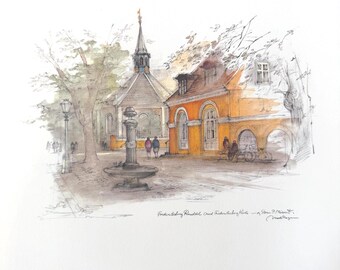 4 Vintage Art Prints, Danish Artist Mads Stage, Watercolor and Ink Architectural Drawings, Gift for Artist or Copenhagen Heritage