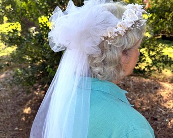 Vintage Wedding Veil, Pearl Beaded Crown Headband, Bride Accessory,  Halo or Garland Bridal Headpiece