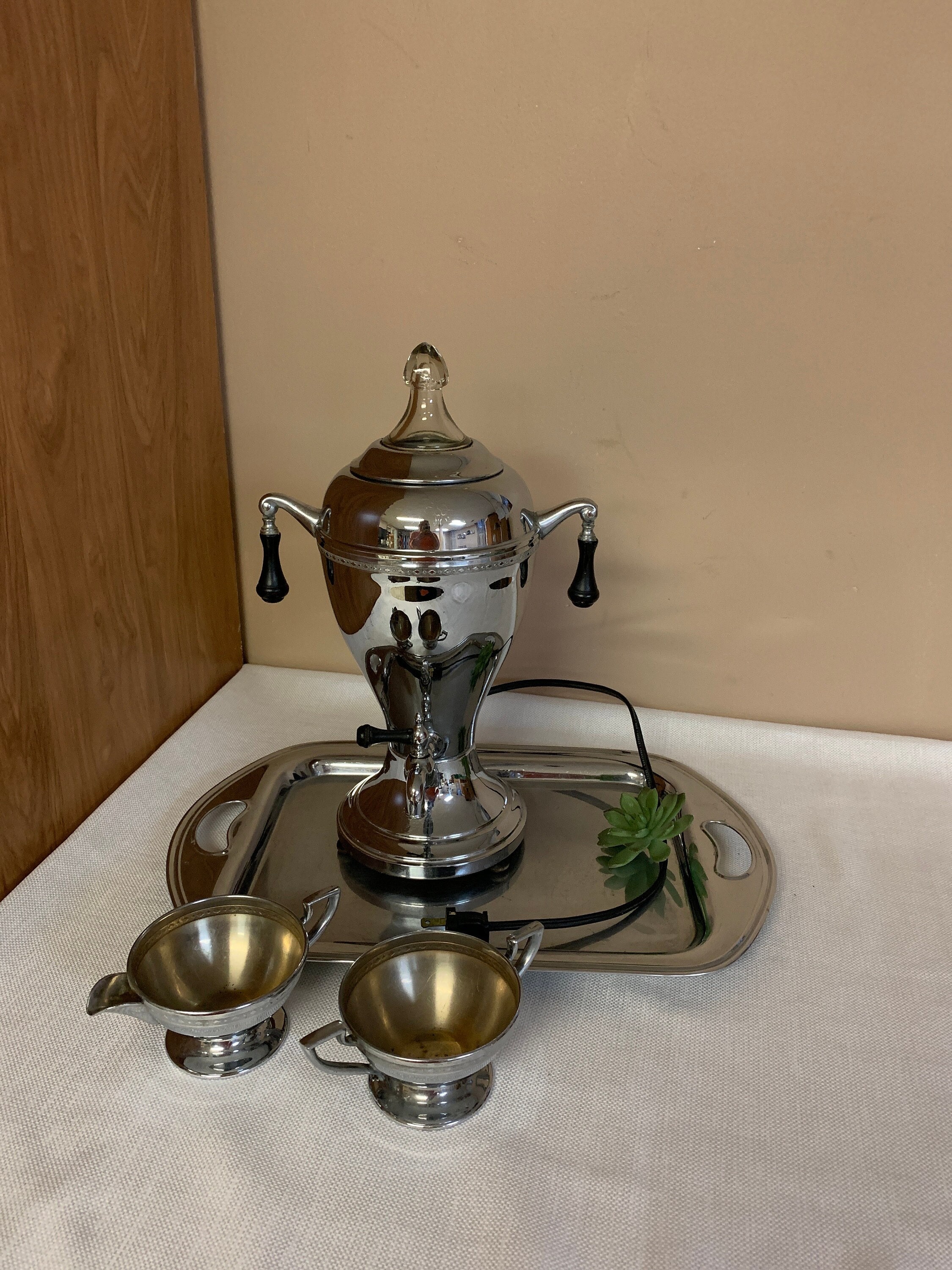 Champion chrome percolator, vintage electric coffee maker, art deco pot w/  bakelite handles