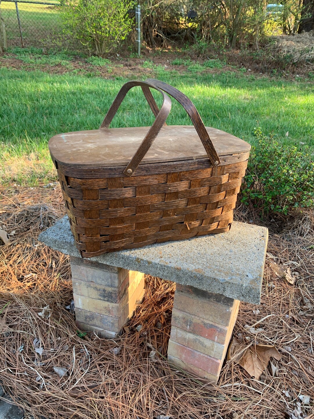 Vintage Woven Picnic Basket Hinged Lid Slat Basket Covered Etsy