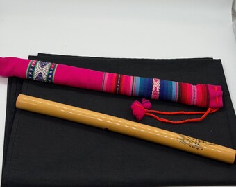 Vintage Bamboo Flute, Peruvian Wind Instrument with Colorful Woven Folk Art Woven Case