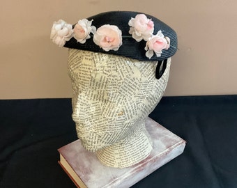 Vintage Black Raffia Half Hat: Silk Flowers, Church Lady Style