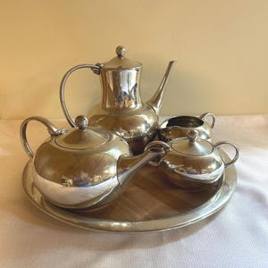Vintage Royal Holland Pewter Tea & Coffee Set: MCM Creamer, Sugar, Wood Tray