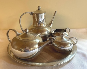 Vintage Pewter Tea & Coffee Set: MCM Royal Holland Creamer, Sugar, Wood Tray