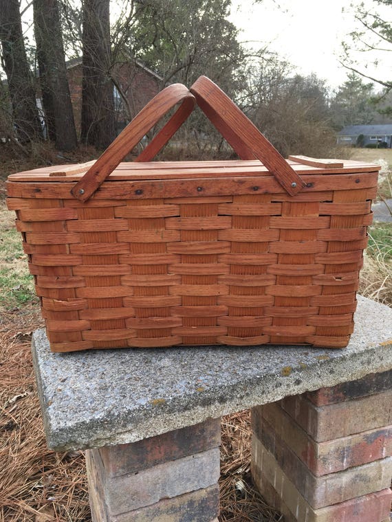 Vintage Woven Picnic Basket, Hinged Lid Slat Basket, Covered