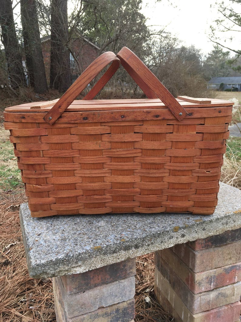 Vintage Woven Picnic Basket Hinged Lid Slat Basket Covered Etsy