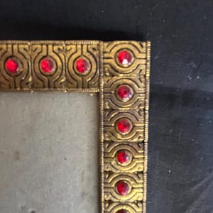 Vintage Jeweled Frame, Small Picture Frame w Red Glass and Brass Beaded Detail, 3 x 4  Opening,  Ornate Tabletop Decor, Gift for Mother
