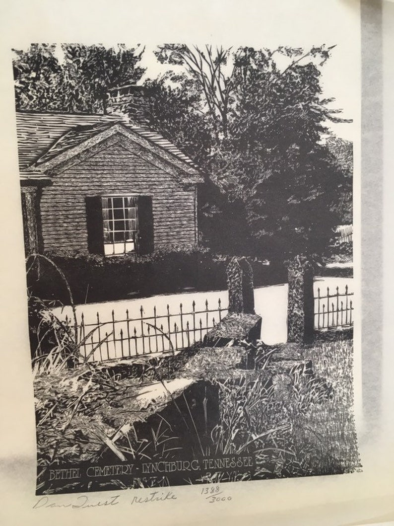 Lynchburg Tennessee Vintage Woodcut Print Bethel Cemetery TN Whiskey Distillery Memorabilia Signed Dan Quest Print Jack Daniels Art