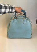 Vintage Bowling Bag, Wide Bottom Blue Bowling Ball Carrying Case, Light Blue Leatherette Bag, Keggler Sports Decor, Photo Prop