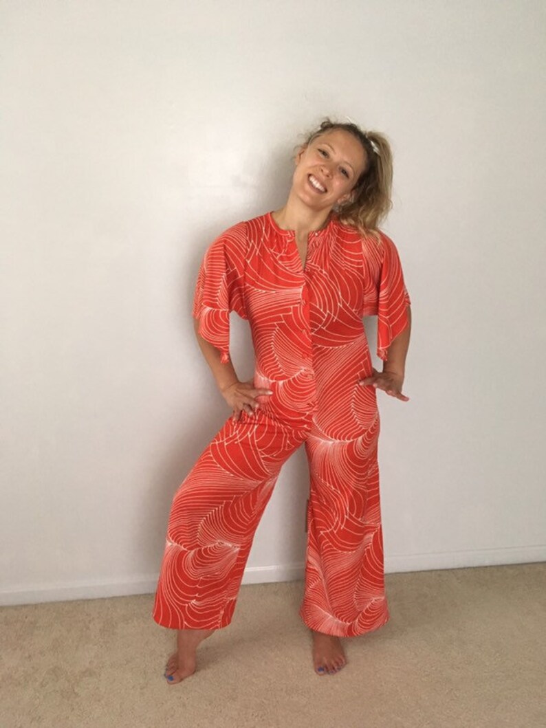 1970s Disco Jumpsuit Theater Supply Red Graphic Print Vintage Mod Jumpsuit Butterfly Sleeve Button Up One Piece Romper