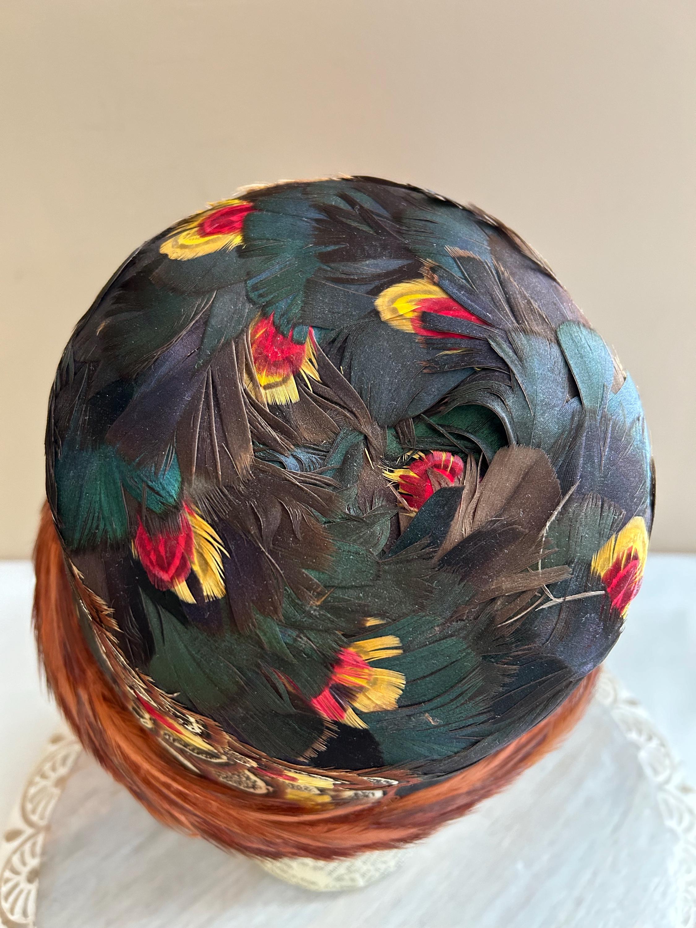 Pheasant Feather Hat / MCM High Fashion or Costume Hat of Black & Brown Feathers Vintage Feather Hat, MCM Women main image 2
