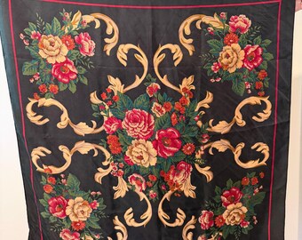Vintage Roses Scarf, Hydrangeas with Baroque Scroll, Regal Floral Motif,  34 inch Square Scarf, Gift for mother