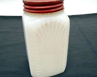 Vintage Stovetop Shaker, Starburst Pattern White Milk Glass with Red top, Gift for Cook