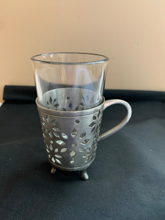 Hot Tea Glass Holder, Vintage Lazer Glass and Cup Holder, Silver