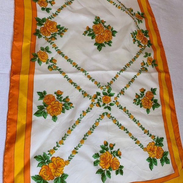 Long Vintage Floral Scarf, Rose Garden Trellis,Long Silk Rectangle Scarf, Classic, Rose Pattern Scarf, Yellow and Orange Accessory