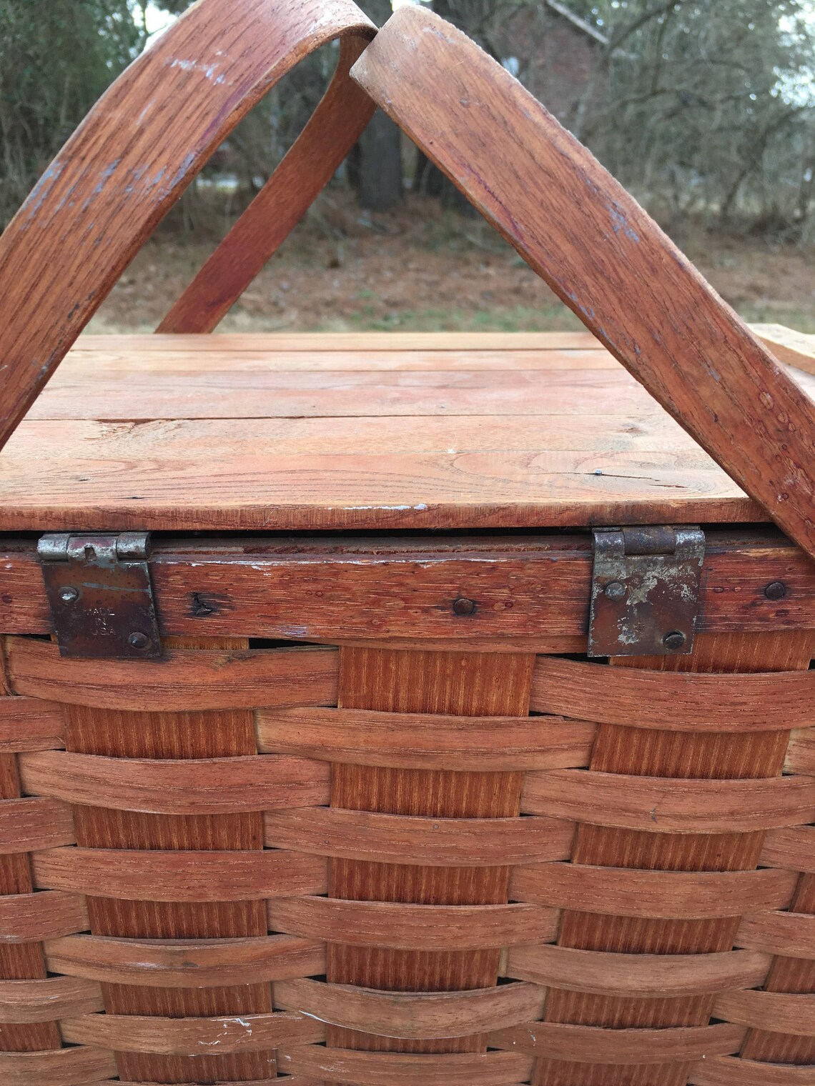 Vintage Woven Picnic Basket Hinged Lid Slat Basket Covered Etsy