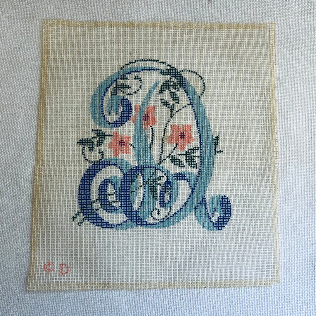 Script Numbers Needlepoint Vintage Needlepoint Canvas, Blue Script Monogram Letter D With Pink ...