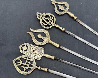 Vintage Brass Skewers, 5 Ornate Turkish Kebab Sticks, BBQ Supply, Kitchenalia